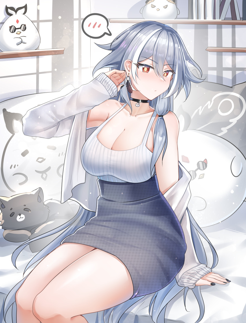 1girl, absurdres, alternate_breast_size, bed, book, breasts, cat, earrings, grey_hair, herrscher_of_sentience, highres, honkai_(series), honkai_impact_3rd, jewelry, jingwei_(bird), long_hair, necklace, red_eyes, skirt, solo, tagme, yilisi