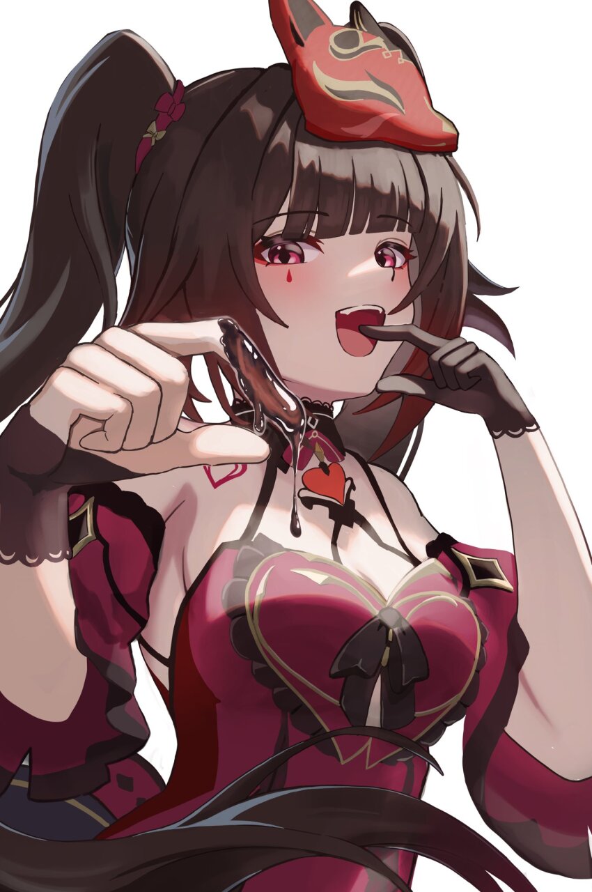 1girl, :d, black_gloves, breasts, brown_hair, butterfly-shaped_pupils, chocolate_on_hand, dress