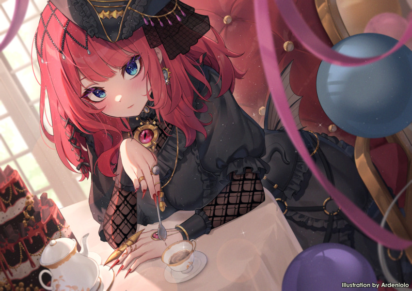 1girl, akatsuki_hotaru, ardenlolo, artist_name, black_dress, black_hat, blue_eyes, cake