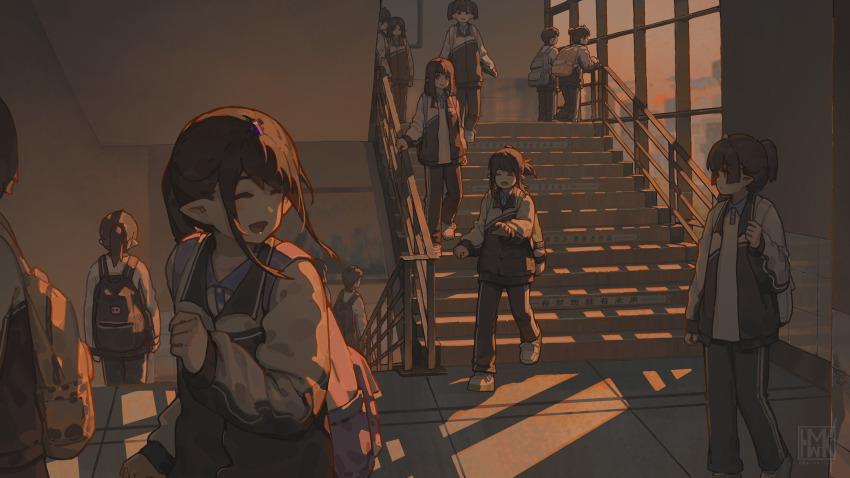 6+girls, absurdres, backpack, bag, china, chinese_track_school_uniform, elf, highres, hua_ming_wink, indoors, jacket, long_hair, multiple_girls, original, pants, pointy_ears, ponytail, running, scenery, school, school_uniform, stairs, sunlight, sunset, track_jacket, track_pants, window, window_shadow