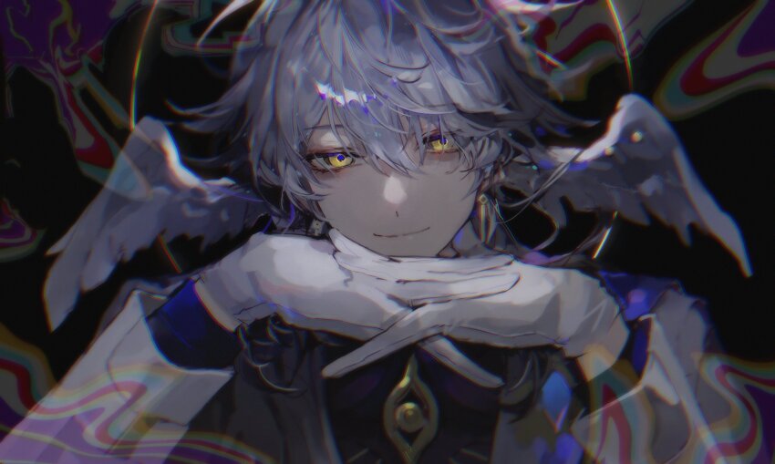 1boy, absurdres, black_background, blue_shirt, earrings, feathered_wings, formal_clothes, gloves