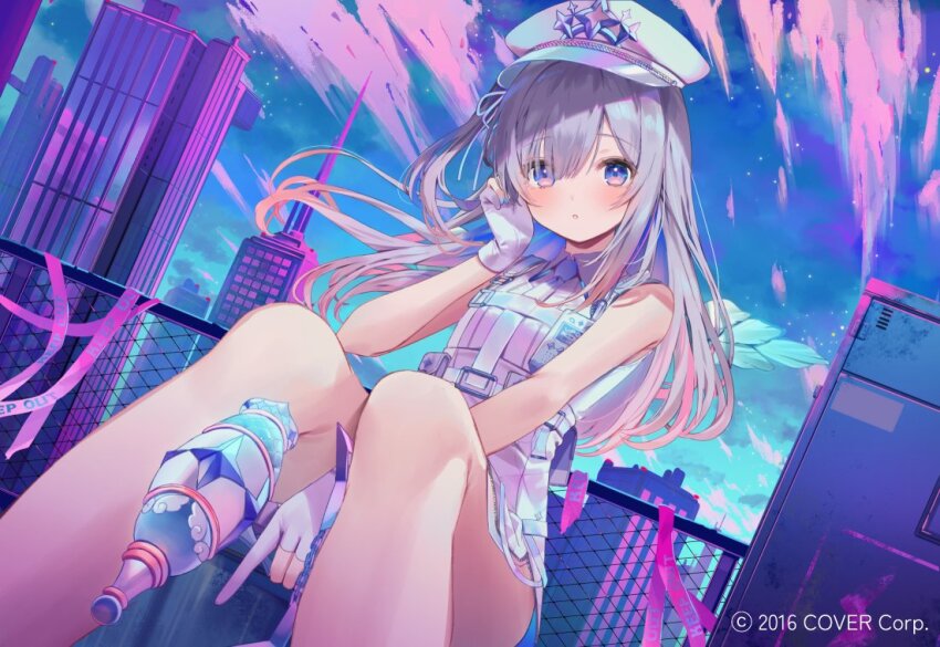 1girl, amane_kanata, amane_kanata_(heavenly_guard_mission), arm_between_legs, blue_eyes, blush, building, caution_tape