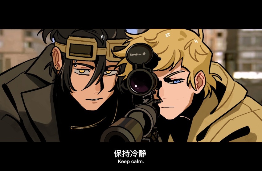 16personalities, 2boys, black_coat, black_hair, blonde_hair, blue_eyes, closed_mouth, coat