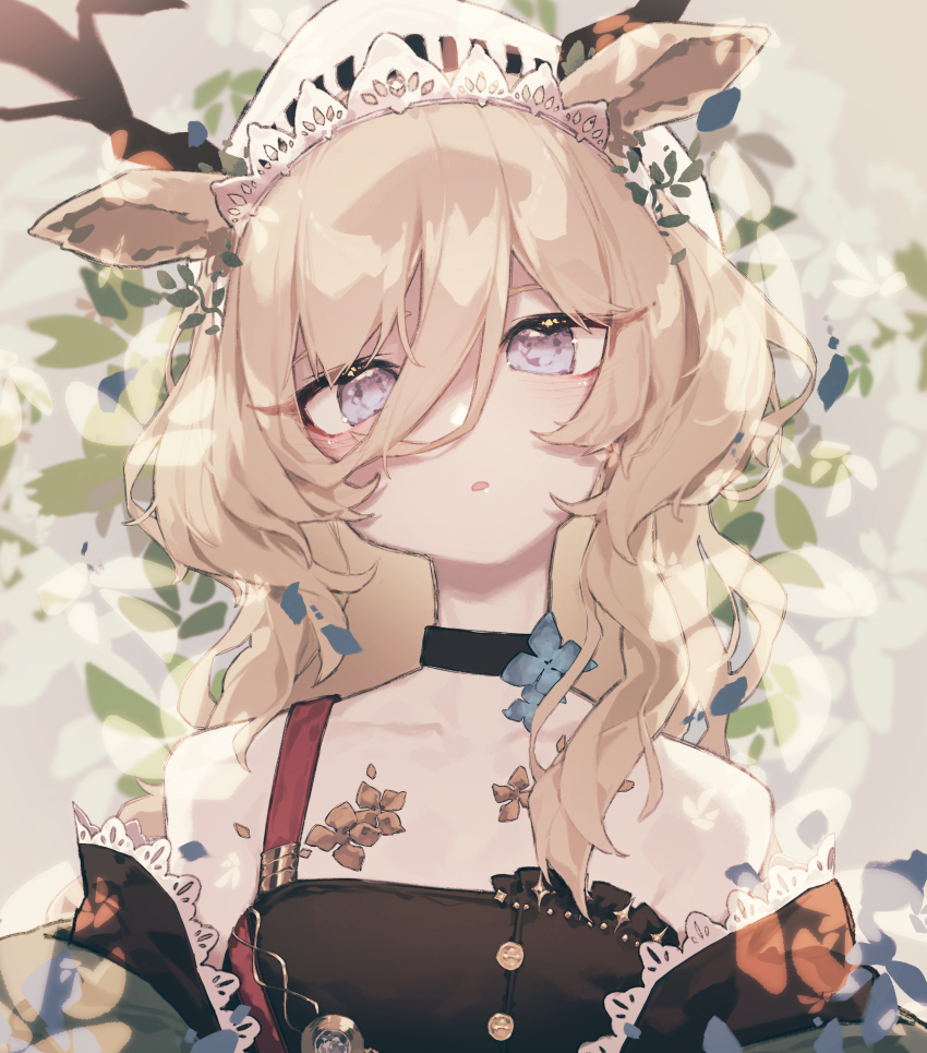 1girl, absurdres, animal_ears, antlers, arknights, bare_shoulders, beudelb, black_choker, blonde_hair, blush, choker, collarbone, deer_antlers, deer_ears, deer_girl, hair_between_eyes, hat, head_tilt, highres, horns, long_hair, looking_at_viewer, official_alternate_costume, parted_lips, purple_eyes, single_strap, solo, upper_body, viviana_(arknights), viviana_(sent_from_ognisko)_(arknights), white_hat