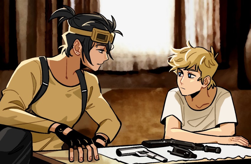 16personalities, 2boys, black_gloves, blonde_hair, blue_eyes, closed_mouth, entrepeneur_(16personalities), fingerless_gloves