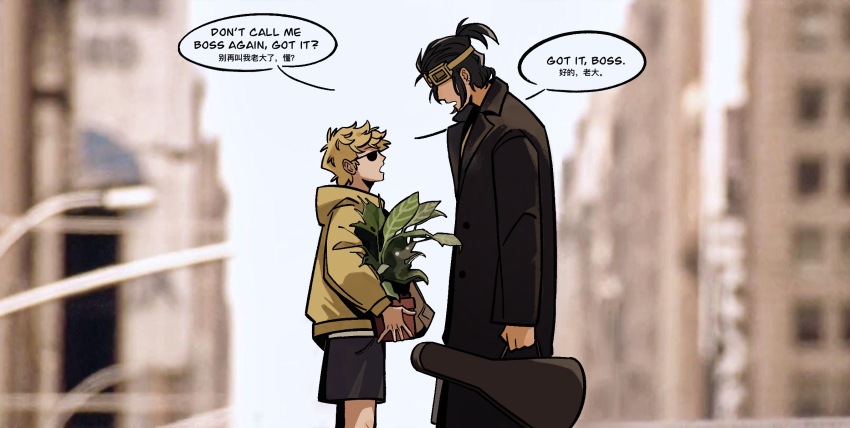 16personalities, 2boys, black_hair, black_shorts, blonde_hair, brown_coat, coat, entrepeneur_(16personalities)