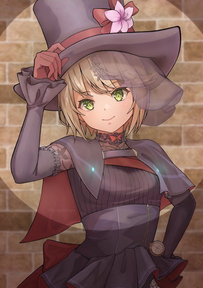 1girl, amayomiyu, black_capelet, black_gloves, blonde_hair, breasts, brick_wall, capelet