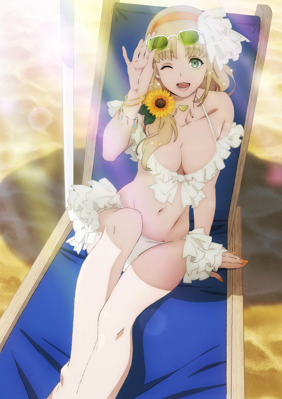 1girl, bare_arms, bare_legs, bare_shoulders, beach, beach_chair, beach_umbrella, bikini, blonde_hair, bracelet, breasts, ciel_(synduality), cleavage, flower, frilled_bikini, frilled_hairband, frills, green_eyes, hair_flower, hair_ornament, hairband, highres, holding, holding_removed_eyewear, jewelry, katsura_ken'ichirou, long_hair, low_side_ponytail, magus_(synduality), midriff, nail_polish, navel, one_eye_closed, parted_bangs, side_ponytail, sitting, sunglasses, swimsuit, synduality, synduality_noir, umbrella, unworn_eyewear