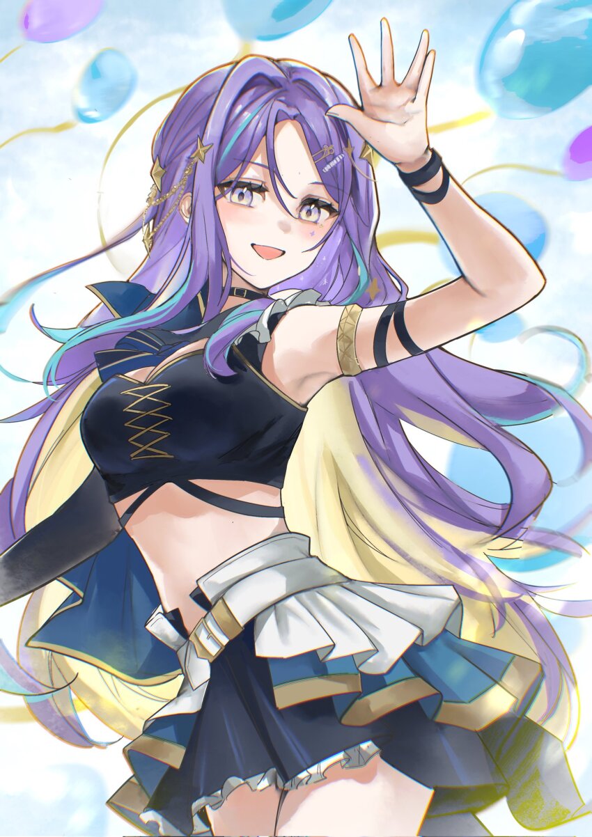 1girl, arm_up, arm_warmers, armlet, black_arm_warmers, black_choker, blonde_hair, blue_hair