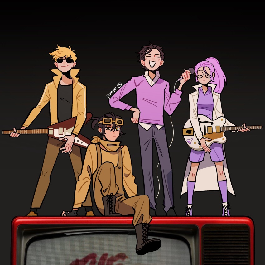 16personalities, 1girl, 3boys, absurdres, apron, black_hair, black_pants, black_shirt