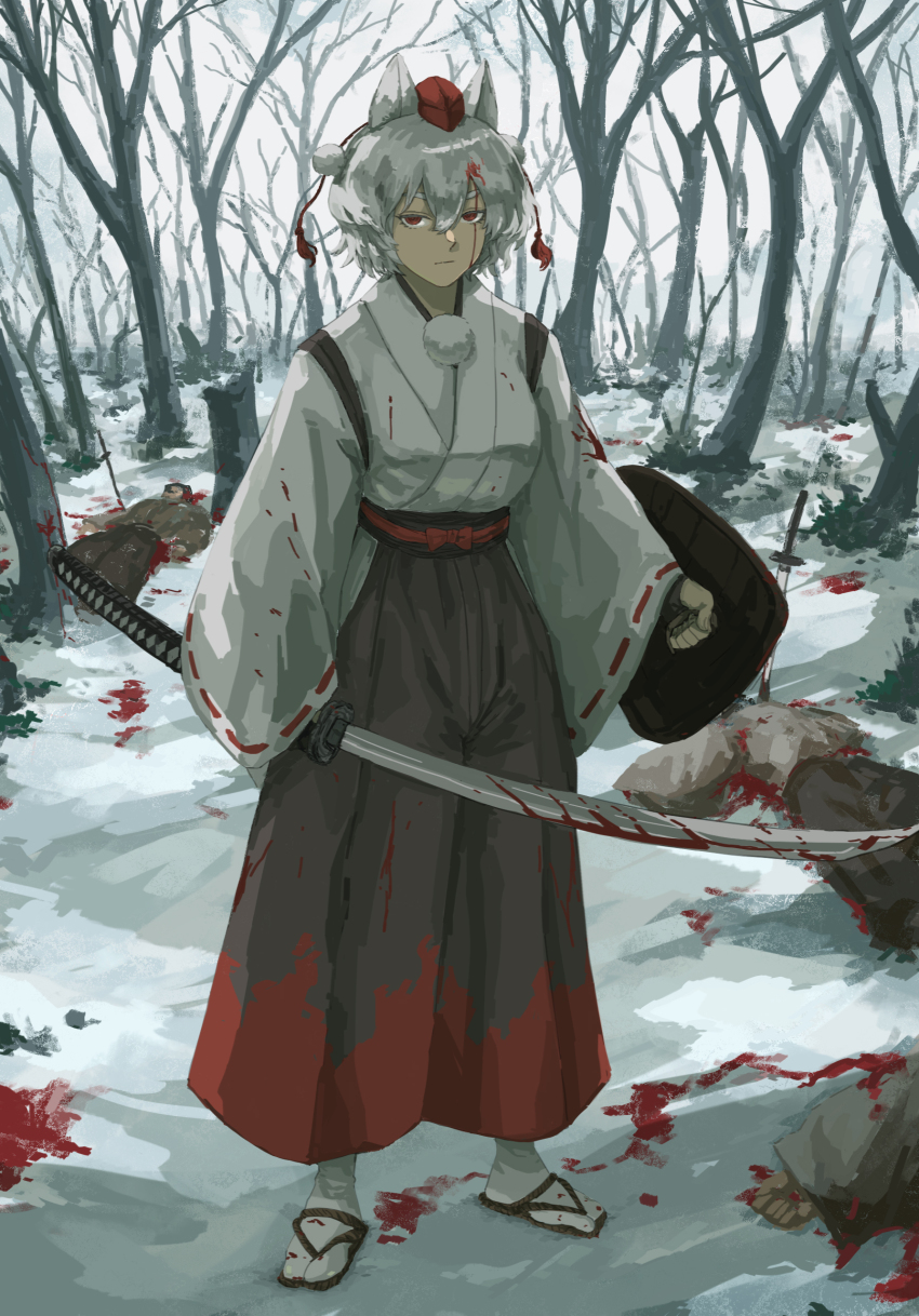 1010kman, absurdres, after_bathing, animal_ears, blood, blood_on_clothes, blood_on_ground, bloody_weapon, breasts, corpse, forest, full_body, grey_hair, hakama, hakama_pants, highres, holding, holding_shield, holding_sword, holding_weapon, inubashiri_momiji, japanese_clothes, kimono, looking_at_viewer, nature, outdoors, pants, red_eyes, sandals, serious, shield, snow, standing, sword, tabi, touhou, tree, weapon, white_kimono, wolf_ears, wolf_girl, zouri