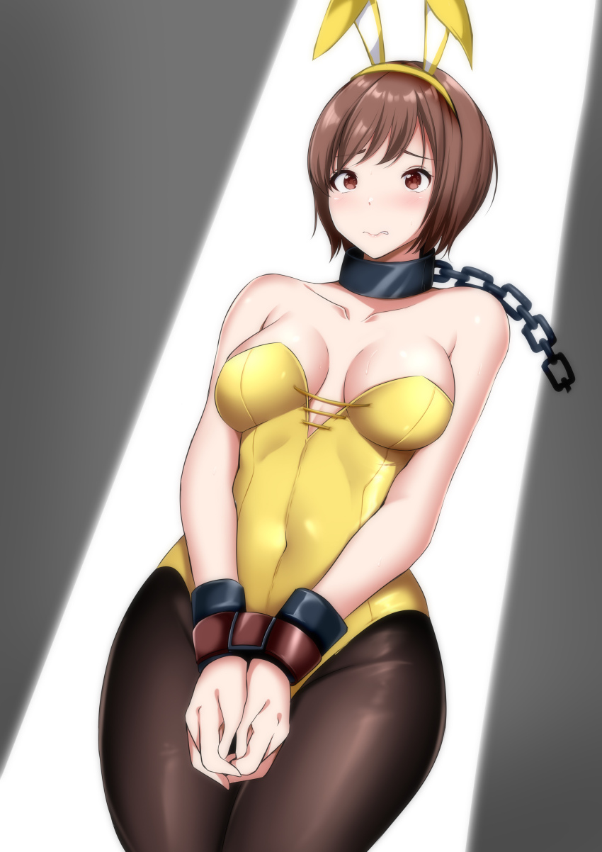 1girl, absurdres, animal_ears, auction, bare_shoulders, black_leotard, black_pantyhose, breasts