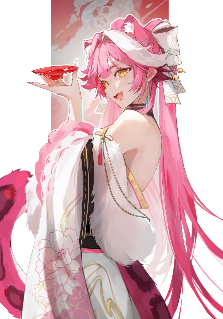 1girl, absurdres, animal_ears, back, blush, commentary, cup, extra_ears