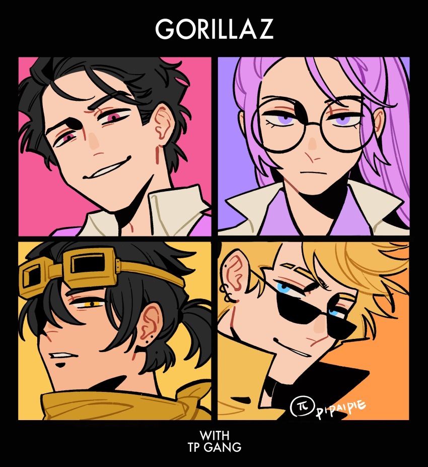 16personalities, 1girl, 3boys, absurdres, black_hair, blonde_hair, blue_eyes, debater_(16personalities), entrepeneur_(16personalities), glasses, goggles, goggles_on_head, gorillaz, highres, logician_(16personalities), long_hair, looking_at_viewer, low_ponytail, multiple_boys, parted_lips, pink_eyes, pipaipie, ponytail, portrait, purple_eyes, purple_hair, round_eyewear, sidelocks, sunglasses, virtuoso_(16personalities)
