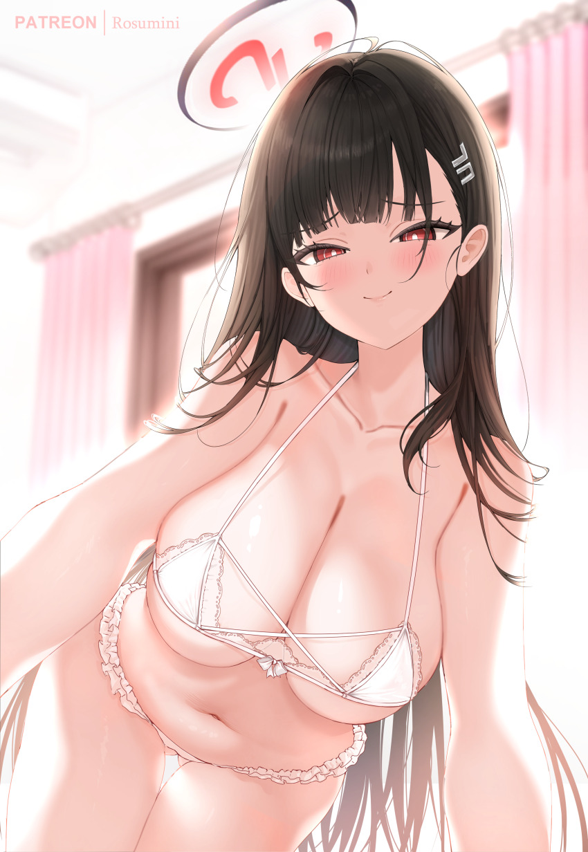 1girl, absurdres, alternate_costume, bare_shoulders, black_hair, black_halo, blue_archive, blush, bra, closed_mouth, collarbone, double_strap_slip, english_text, gluteal_fold, halo, heart, heart-shaped_speech_bubble, highres, lace, lace-trimmed_bra, lace_trim, leaning_forward, long_hair, looking_at_viewer, micro_bra, outstretched_arms, panties, patreon_username, red_eyes, rio_(blue_archive), rosumini, smile, solo, strap_slip, underwear, underwear_only, very_long_hair, white_bra, white_panties