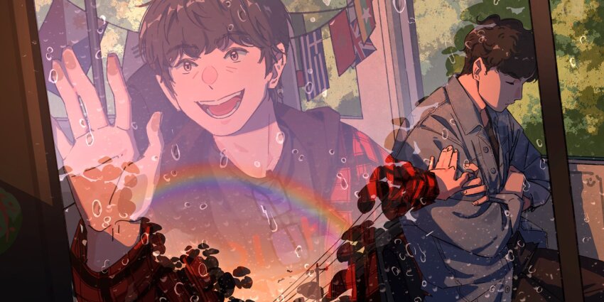 2boys, ayano_gou, blunt_bangs, brown_hair, closed_eyes, closed_mouth, commentary, crossed_arms, dora_pingu, flag, greek_flag, hashtag-only_commentary, highres, hoshino_gen, ibuki_ai, male_focus, miu404, moroccan_flag, multiple_boys, myanmar, open_mouth, philippine_flag, rainbow, shima_kazumi, short_hair, smile, south_korean_flag, untranslatable_commentary, union_jack, unworn_eyewear