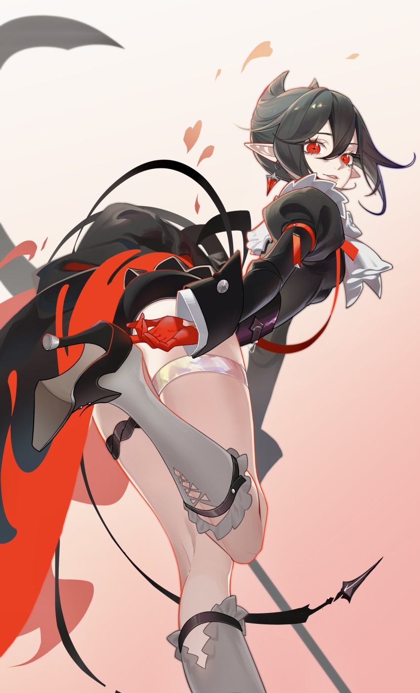 1girl, a_mi_de_yesheng_dongwuyuan, absurdres, adjusting_clothes, adjusting_shoe, arknights, black_dress, black_hair, black_shoes, chinese_commentary, commentary_request, cross-shaped_pupils, dress, earrings, entelechia_(arknights), foot_out_of_frame, frilled_socks, frills, gloves, grey_socks, hair_horns, high_heels, highres, jewelry, kneehighs, leg_up, light_smile, long_sleeves, looking_at_viewer, looking_back, parted_lips, pointy_ears, red_eyes, red_gloves, shoe_soles, shoes, short_hair, socks, solo, standing, standing_on_one_leg, symbol-shaped_pupils, thigh_strap, turning_head