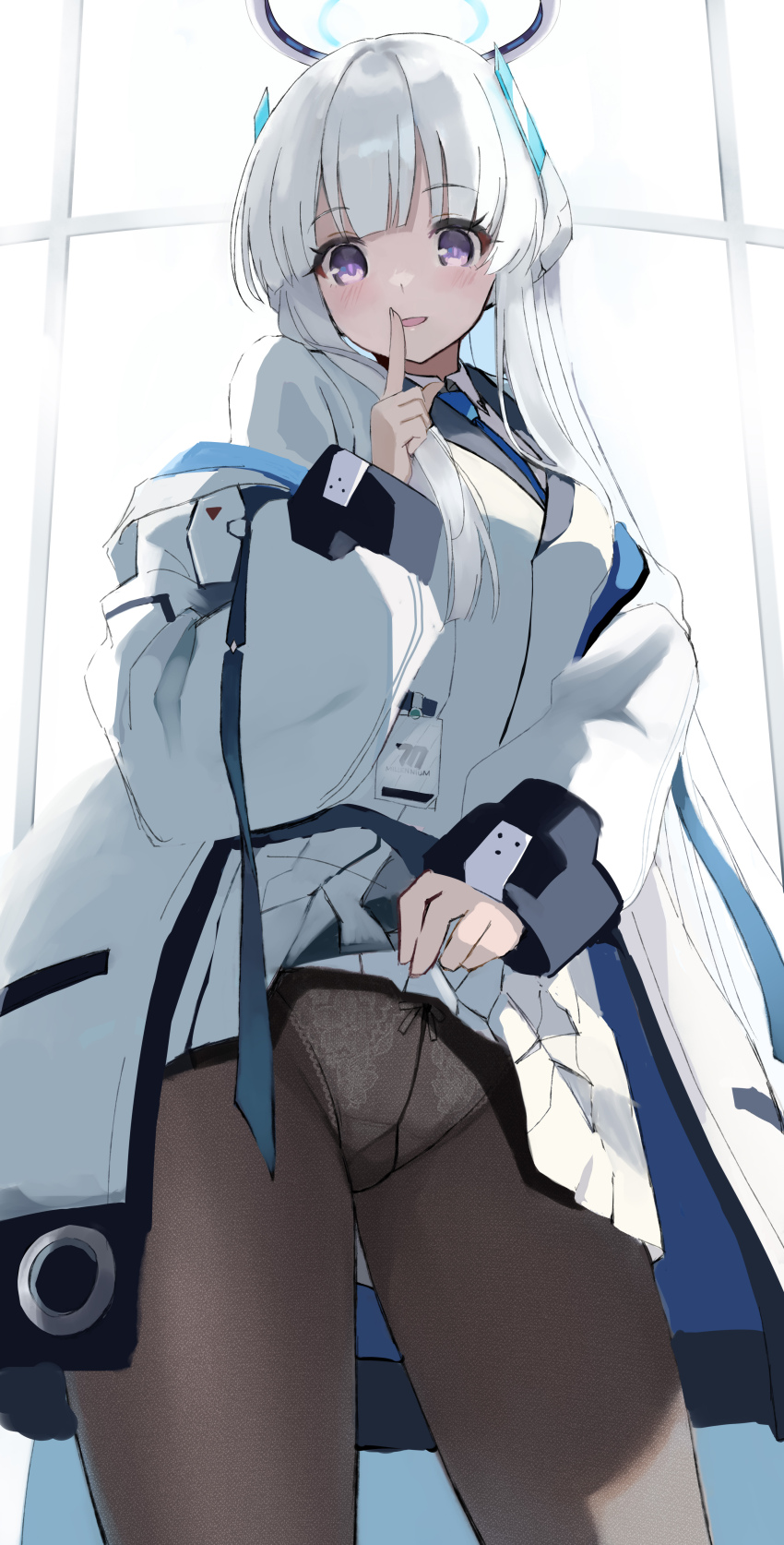 1girl, absurdres, black_pantyhose, blue_archive, blue_necktie, blunt_bangs, clothes_lift, commentary_request