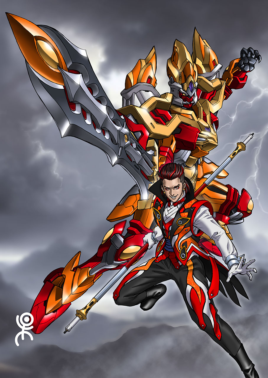 1boy, 2025, 20s, adk-em, bandai, bandai_namco, black_boots, black_pants, black_vest, boots, brown_hair, fire_candle_(no.1_sentai_gozyuger), highres, holding, holding_pole, holding_staff, holding_stick, king_candelor, mecha, multicolored_hair, no.1_sentai_gozyuger, official_art, orange_vest, pants, pole, red_hair, robot, sharp_teeth, shinohara_tamotsu, shirt, signature, staff, stick, streaked_hair, super_sentai, teeth, toei_company, tokusatsu, tv_asahi, two-tone_hair, vest, white_shirt