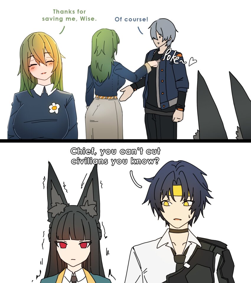 2boys, 2girls, animal_ear_fluff, animal_ears, asaba_harumasa, blunt_bangs, dorahdew, english_text