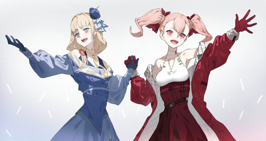 2girls, blonde_hair, bodysuit, center-flap_bangs, ciel_(synduality), cropped_legs, dress, ellie_(synduality)