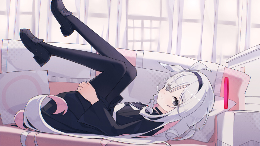 1girl, absurdres, anleewind, black_coat, black_hairband, black_pantyhose, black_shirt, black_shoes