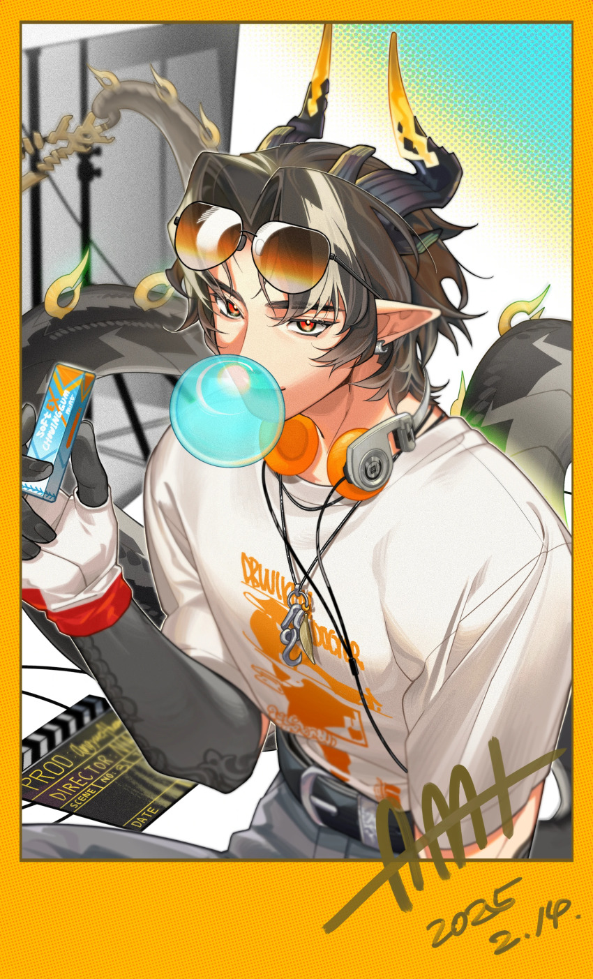 1boy, a_mi_de_yesheng_dongwuyuan, absurdres, arknights, black_hair, black_tail, blowing_bubble_gum, blowing_bubbles