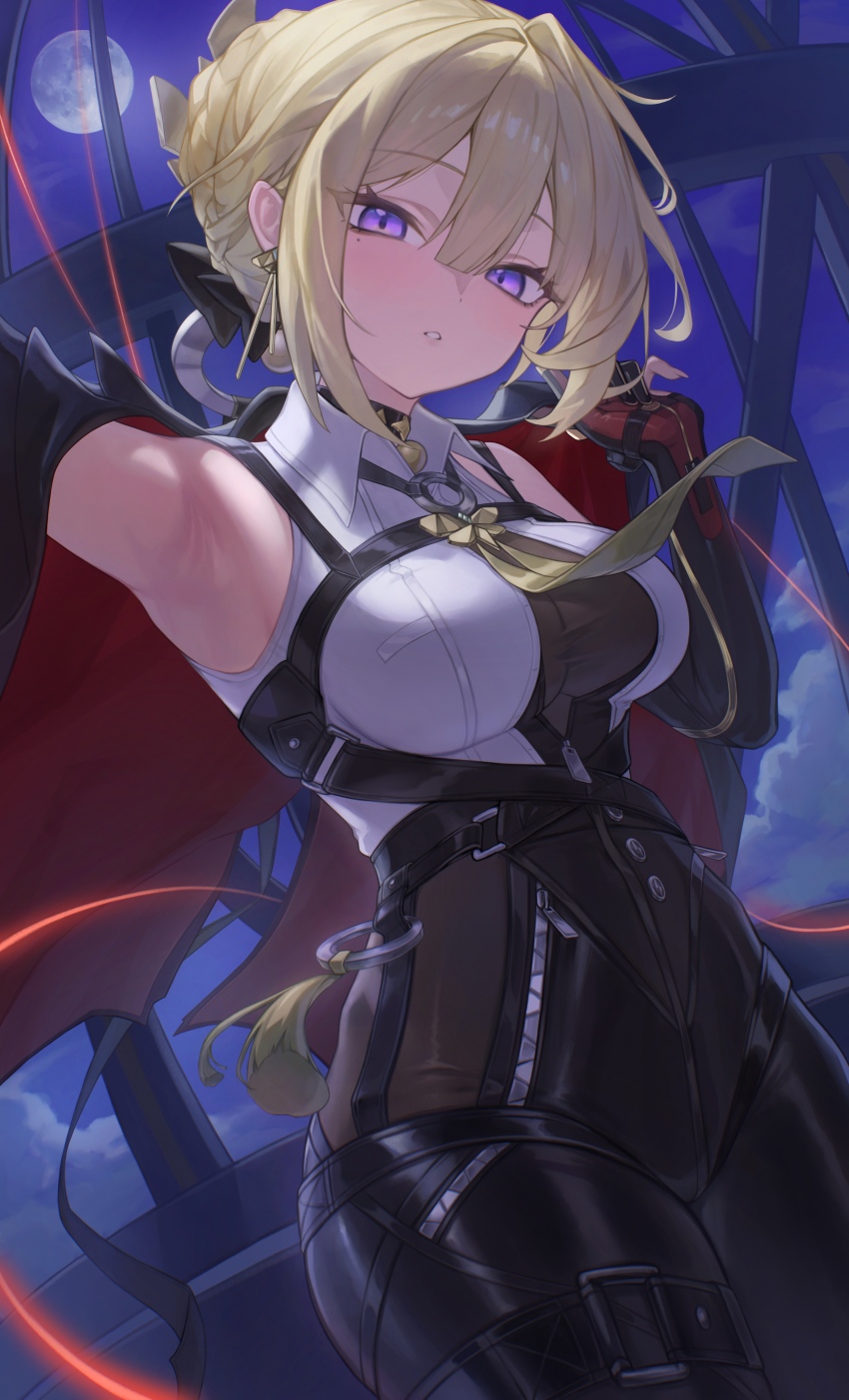 1girl, absurdres, armpits, black_choker, black_gloves, black_jacket, black_pants, blonde_hair