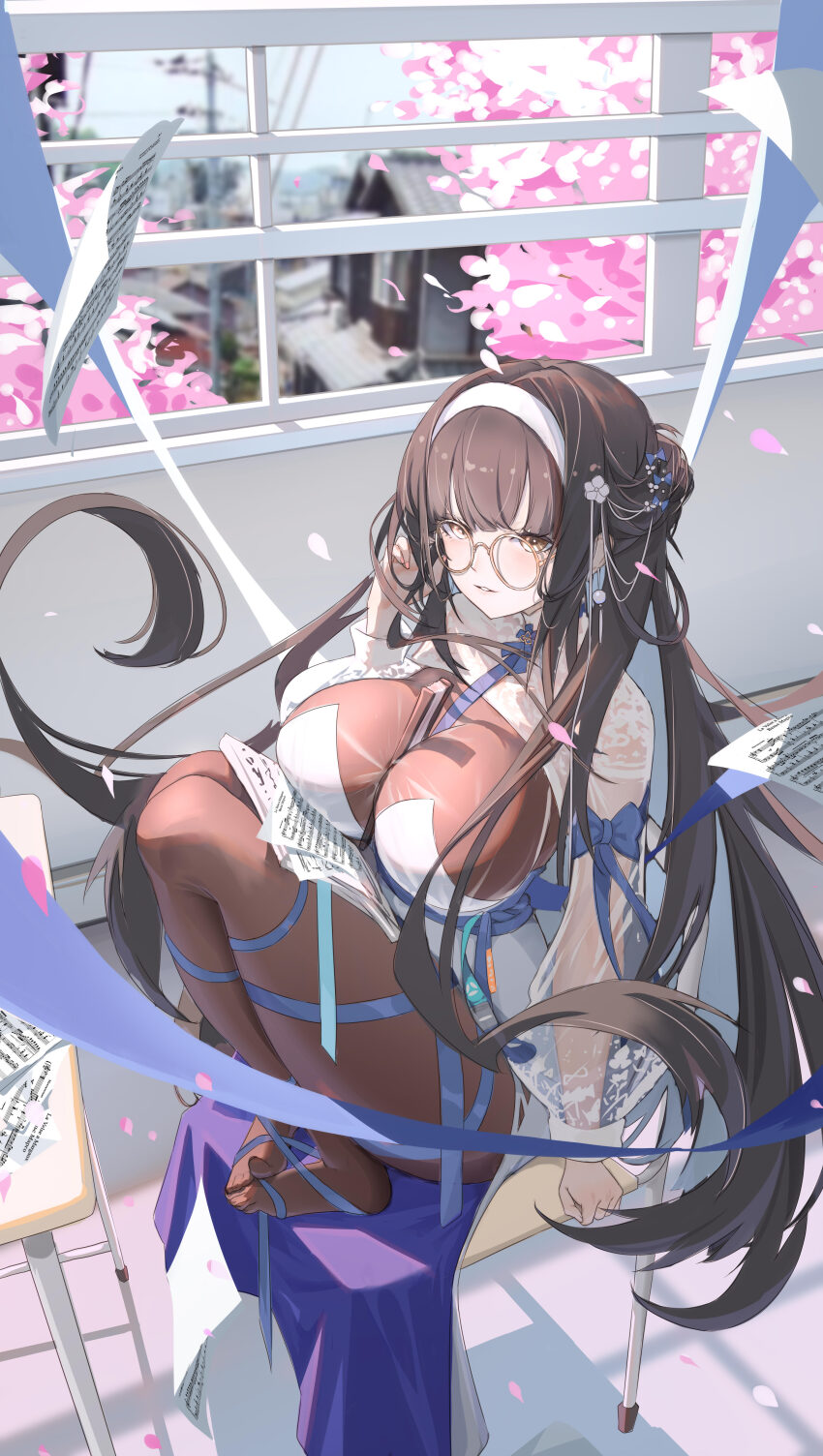 1girl, absurdres, black_hair, blue_ribbon, blush, breasts, brown_eyes, brown_hair