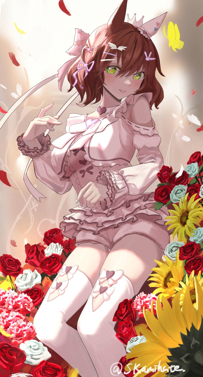 1girl, absurdres, animal_ears, aston_machan_(everlasting_candy)_(umamusume), aston_machan_(umamusume), blush, breasts, brown_hair, bug, butterfly, clothing_cutout, flower, fyly0927, green_eyes, hair_between_eyes, hair_ornament, hairclip, highres, horse_ears, insect, large_breasts, looking_at_viewer, official_alternate_costume, petals, shoulder_cutout, solo, thighs, twitter_username, umamusume