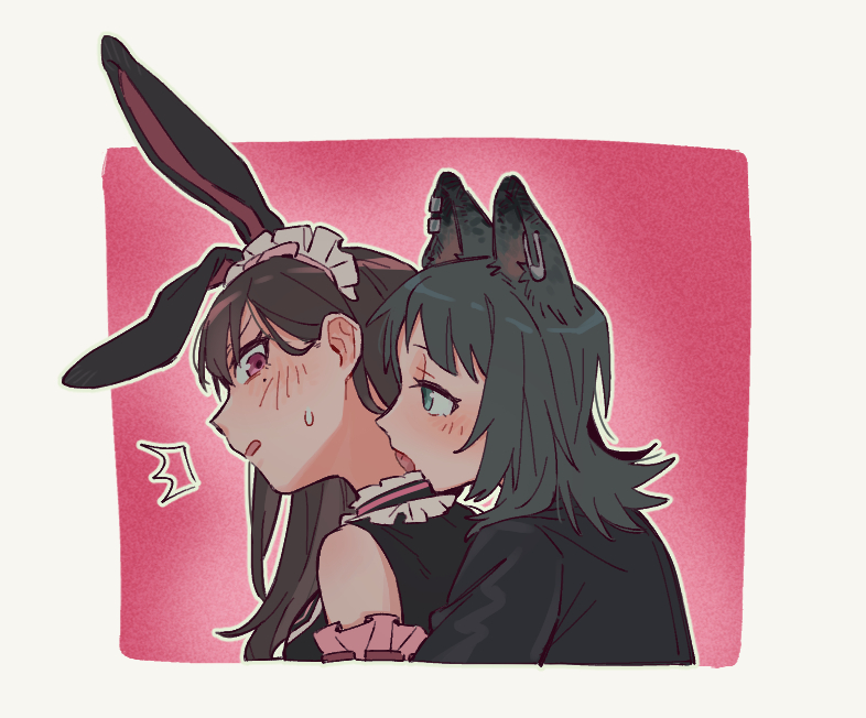 2girls, animal_ear_piercing, animal_ears, bang_dream!, bang_dream!_it's_mygo!!!!!, black_jacket, blue_eyes, blush