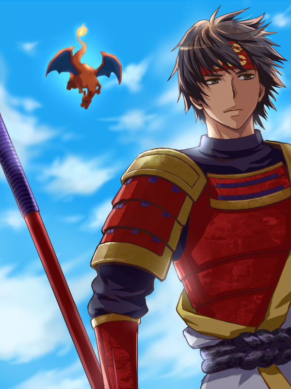 armor, black_hair, brown_eyes, charizard, cloud, gen_1_pokemon, headband, japanese_clothes