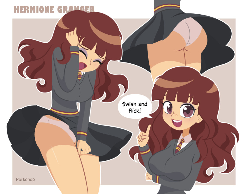 1girl, ass, black_skirt, breasts, brown_eyes, brown_hair, closed_eyes, clothes_lift, eyeshadow, female_focus, freckles, from_behind, grey_background, grey_sweater, harry_potter_(series), hermione_granger, highres, hogwarts_school_uniform, index_finger_raised, large_breasts, long_hair, lower_body, makeup, multiple_views, necktie, open_mouth, panties, pleated_skirt, porkchop_(artist), purple_eyeshadow, red_necktie, school_uniform, shirt, skirt, skirt_lift, smile, speech_bubble, striped_clothes, striped_necktie, surprised, sweater, teeth, underwear, upper_body, wedgie, white_panties, white_shirt, wind, wind_lift, wizarding_world
