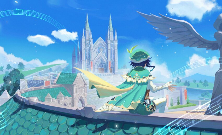 1boy, aqua_cape, aqua_hair, aqua_hat, aqua_shorts, back, baggy_shorts, belt