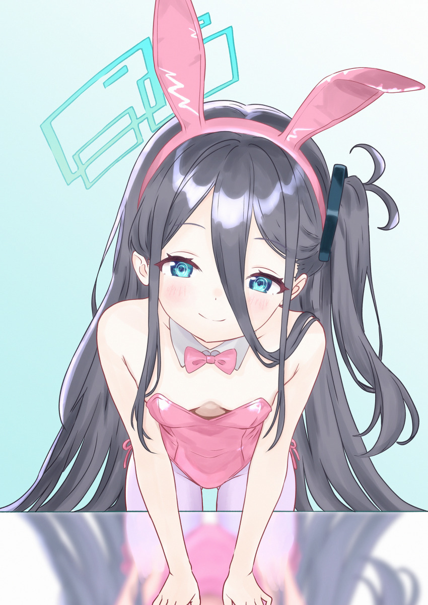 1girl, absurdly_long_hair, absurdres, animal_ear_hairband, animal_ears, aqua_halo, aris_(blue_archive), black_hair, blue_archive, blue_background, blue_eyes, blush, bow, bowtie, detached_collar, downblouse, fake_animal_ears, gradient_background, grey_pantyhose, hair_between_eyes, hairband, halo, highres, leaning_forward, leotard, loli, long_hair, long_hair_between_eyes, nico_kmochi, pantyhose, pink_bow, pink_bowtie, pink_leotard, playboy_bunny, rabbit_ears, rabbit_tail, rectangular_halo, reflection, solo, strapless, strapless_leotard, tail, thigh_gap, very_long_hair