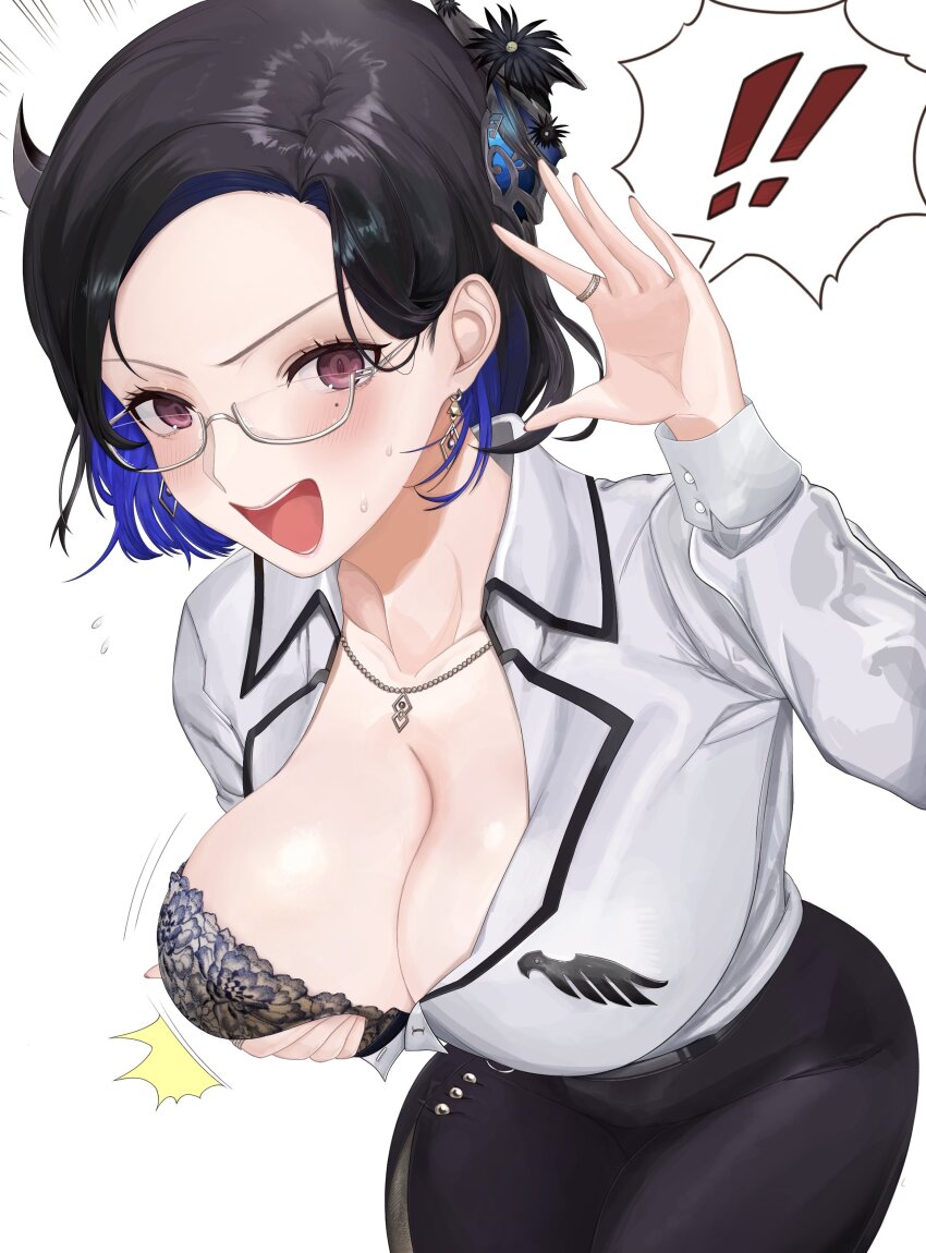 !, !!, 1girl, absurdres, accidental_exposure, alcohol, asymmetrical_horns, black_bra