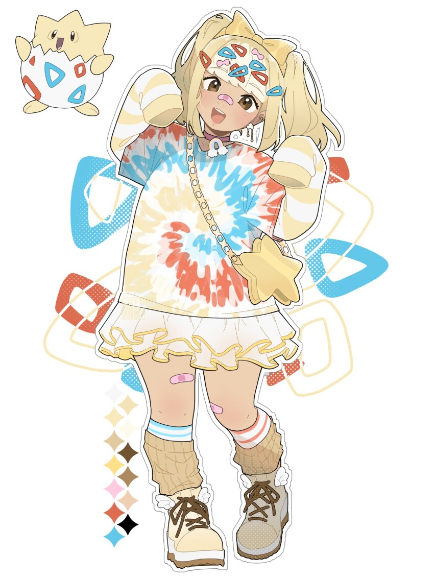 1girl, bag, bandaid, bandaid_on_face, bandaid_on_leg, bandaid_on_nose, blonde_hair, bow, brown_eyes, choker, cloud_earrings, commentary, dark-skinned_female, dark_skin, decora, ear_piercing, earrings, english_commentary, frilled_skirt, frills, full_body, gen_2_pokemon, hair_bow, hair_ornament, hairclip, highres, humanization, jacequilart, jewelry, layered_shirt, leg_warmers, long_hair, looking_at_viewer, miniskirt, multicolored_shirt, nintendo, open_mouth, piercing, plump, pokemon, pokemon_(creature), shirt, shoes, shoulder_bag, skirt, sleeves_past_fingers, sleeves_past_wrists, smile, solo, star-shaped_bag, star_(symbol), star_earrings, striped_clothes, striped_shirt, t-shirt, tan, thick_thighs, thighs, togepi, twintails, white_skirt, winged_shoes, wings