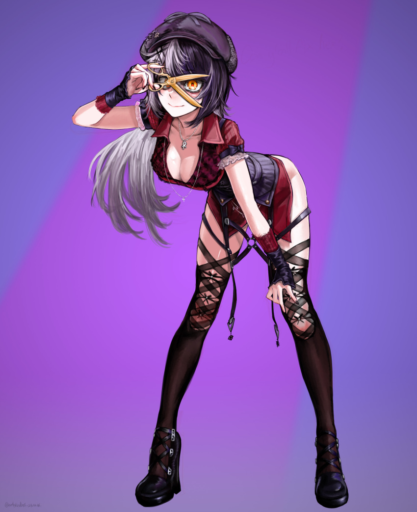 1girl, absurdres, bent_over, black_corset, black_hair, black_nails, black_shoes, black_thighhighs