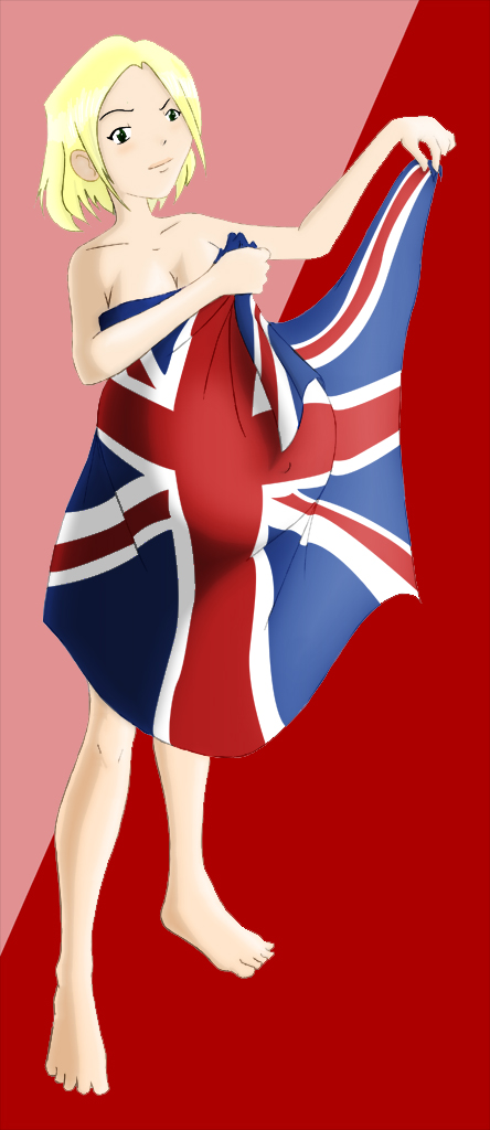 1girl, bad_id, barefoot, blonde_hair, borrowed_character, flag_dress, green_eyes, lady_victoria_(miss_mars), original, pregnant, short_hair, sivomaniacal, solo, union_jack, united_kingdom