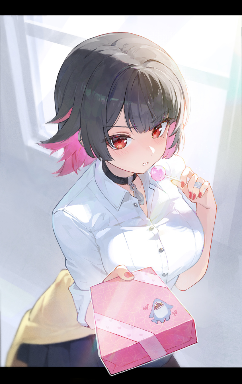 1girl, angcha, black_choker, candy, choker, collared_shirt, colored_inner_hair, ellen_joe