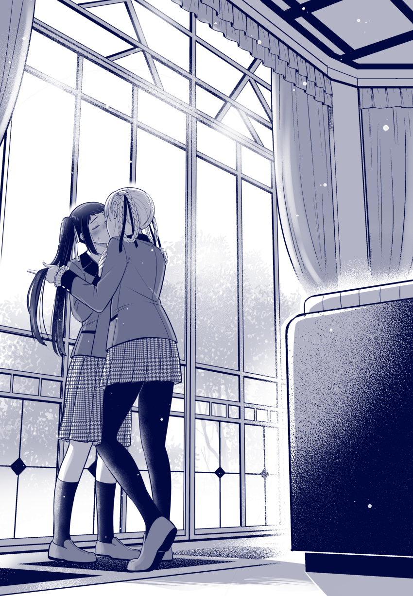 2girls, absurdres, blush, braid, braided_hair_rings, closed_eyes, commentary_request, curtains