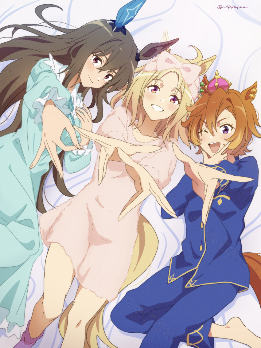 3girls, admire_vega_(umamusume), animal_ears, anime_coloring, barefoot, blonde_hair, blue_dress, blue_jacket, blue_pajamas, blue_pants, blue_ribbon, brown_hair, collarbone, dress, ear_ornament, hair_down, hair_ribbon, highres, horse_ears, horse_girl, horse_tail, jacket, lying, multiple_girls, narita_top_road_(umamusume), nk-43g, official_style, on_back, on_bed, pajamas, pants, pink_pajamas, pink_shirt, purple_eyes, purple_socks, ribbon, shirt, sign_language, smile, socks, t.m._opera_o_(umamusume), tail, twitter_username, umamusume, umamusume:_road_to_the_top