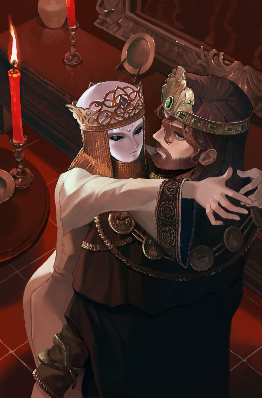 1boy, 1girl, absurdres, arms_around_neck, beard, blue_eyes, candle, commentary, covered_face, crown, dress, elden_ring, english_commentary, expressionless, facial_hair, from_above, gem, green_gem, hetero, highres, husband_and_wife, indoors, lady_tanith_(elden_ring), long_dress, looking_at_viewer, looking_up, mask, medium_hair, plate, praetor_rykard, sadoseja854000, white_dress, white_mask, yellow_eyes