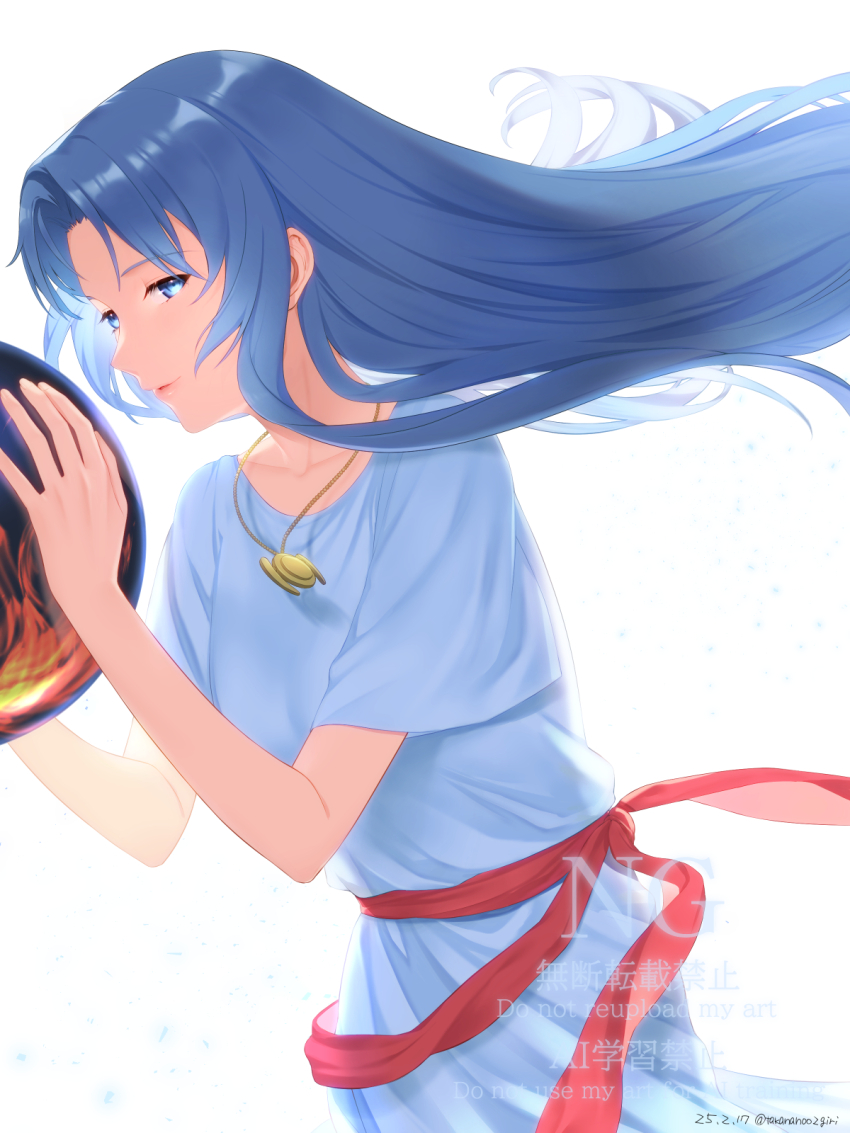 1girl, ancient_ys_vanished, blue_eyes, blue_hair, commentary_request, dress, feena_(ys), gold_necklace