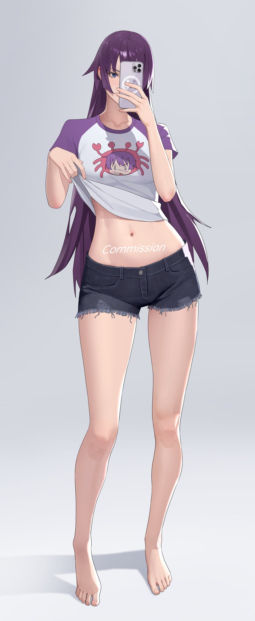 1girl, alternate_costume, bakemonogatari, bare_legs, barefoot, blue_eyes, breasts, cellphone