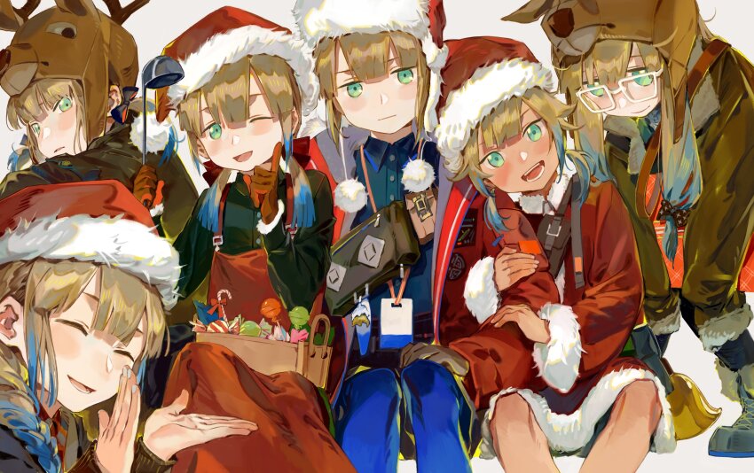 2boys, 4girls, absurdres, androgynous, animal_costume, baker_nemo_(fate), baker_nemo_(santa)_(fate), blue_hair