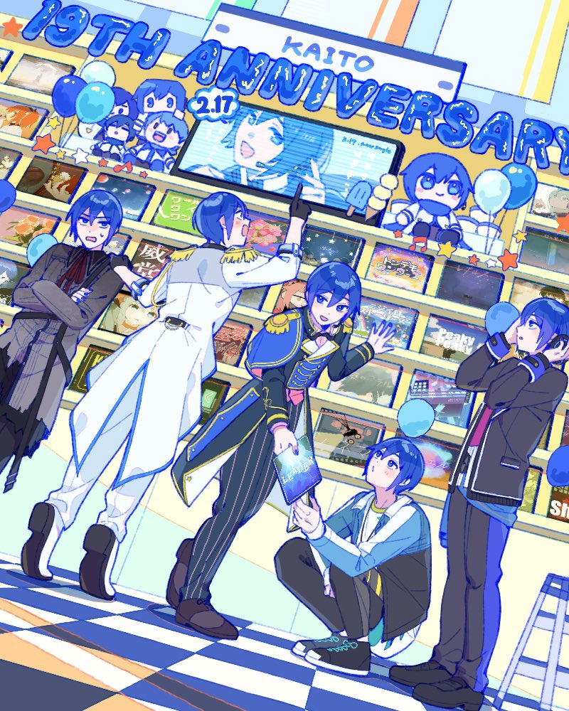 25-ji_kaito, 5boys, :>, absurdly_detailed_composition, arm_up, arms_up, balloon, black_coat, black_gloves, black_jacket, blue_cape, blue_hair, blue_jacket, blue_nails, blue_trim, blush, buttons, cape, character_doll, character_name, cinema_(vocaloid), coat, commentary_request, crossed_arms, doll, dot_nose, double-breasted, english_text, epaulettes, food, gloves, grey_shirt, hair_between_eyes, hand_on_another's_face, happy_anniversary, headphones, headset, holding, ice_cream, ice_cream_bar, ifuudoudou_(vocaloid), jacket, kachix2purin, kaito_(vocaloid), kneeling, leo/need_kaito, loaded_interior, long_sleeves, looking_ahead, looking_up, more_more_jump!_kaito, multiple_boys, multiple_persona, musical_note, nail_polish, neck_ribbon, open_clothes, open_jacket, open_mouth, pants, peaky_peaky_(vocaloid), pinstripe_pattern, pointing, project_sekai, pursed_lips, rainy_snowdrop_(vocaloid), red_ribbon, ribbon, samsa_(vocaloid), shanti_(vocaloid), shelf, shirt, short_hair, side_cape, sleeve_cuffs, small_sweatdrop, standing, star_(symbol), striped_clothes, striped_pants, television, tiptoes, torn_clothes, torn_shirt, vertical-striped_clothes, vertical-striped_pants, vinyl_record, vivid_bad_squad_kaito, vocaloid, white_coat, white_pants, wonderlands_x_showtime_kaito