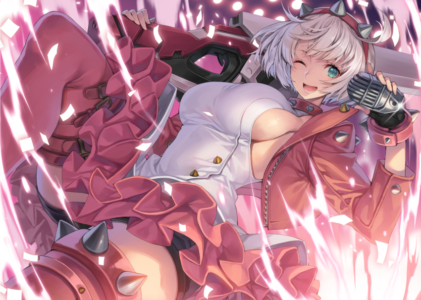 1girl, ;d, black_shorts, blue_eyes, bracelet, breasts, collar, commentary