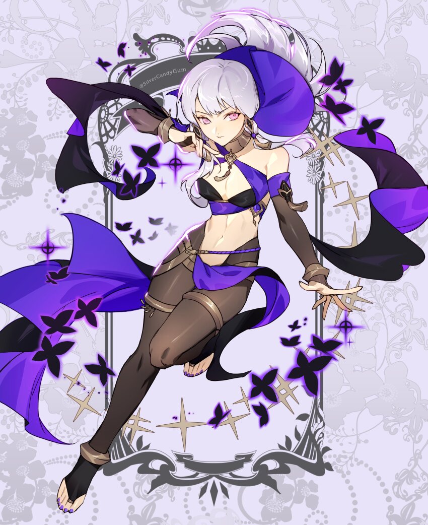 1girl, absurdres, alternate_costume, bodystocking, breasts, cleavage, closed_mouth, commentary, commission, cosplay, dancer, dorothea_arnault, dorothea_arnault_(plegian), dorothea_arnault_(plegian)_(cosplay), english_commentary, fire_emblem, fire_emblem:_three_houses, fire_emblem_heroes, floating_hair, highres, lene_(plegian)_(fire_emblem), lene_(plegian)_(fire_emblem)_(cosplay), long_hair, lysithea_von_ordelia, lysithea_von_ordelia_(timeskip), medium_breasts, navel, nintendo, pantyhose, pink_eyes, purple_nails, revealing_clothes, silvercandy_gum, solo, stomach, toenails, toes, twitter_username, veil, white_hair
