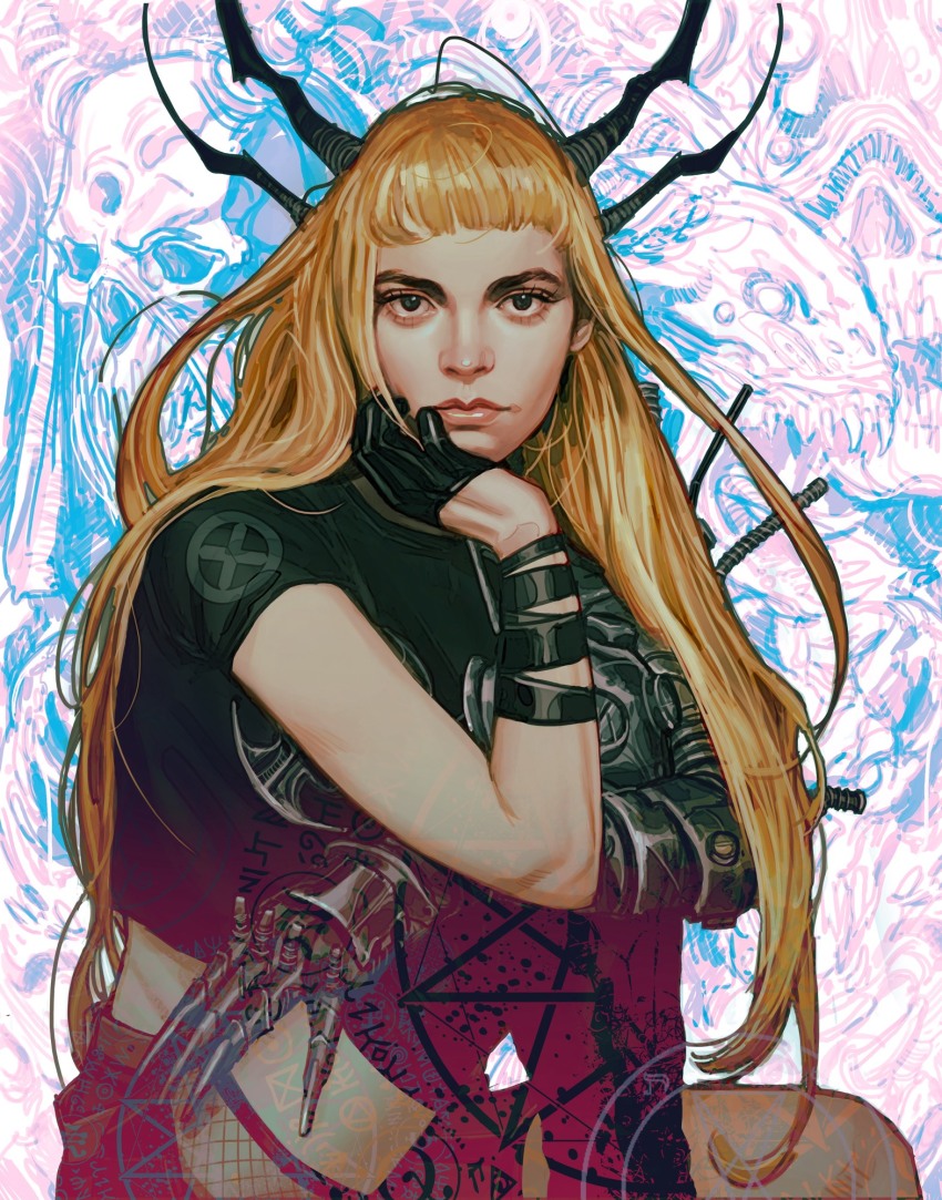 1girl, abstract_background, black_jacket, blonde_hair, blue_eyes, cropped_jacket, highres, jacket